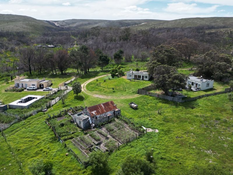 Aerial view of a farm property featuring multiple residential dwellings, fenced garden plots, and a dirt access road set within a rural landscape.