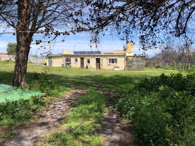 Rear view of a farm dwelling featuring solar panels, a chimney, and security bars on windows, set within a large rural garden area.