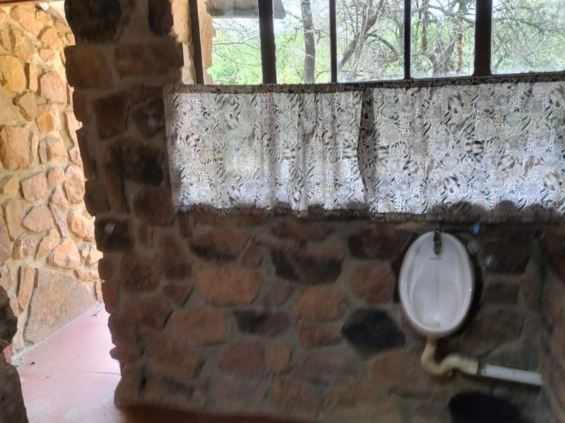 Rustic bathroom featuring exposed stone walls, a wall-mounted urinal, and a multi-pane window, offering a unique farm-style aesthetic in need of modernization.