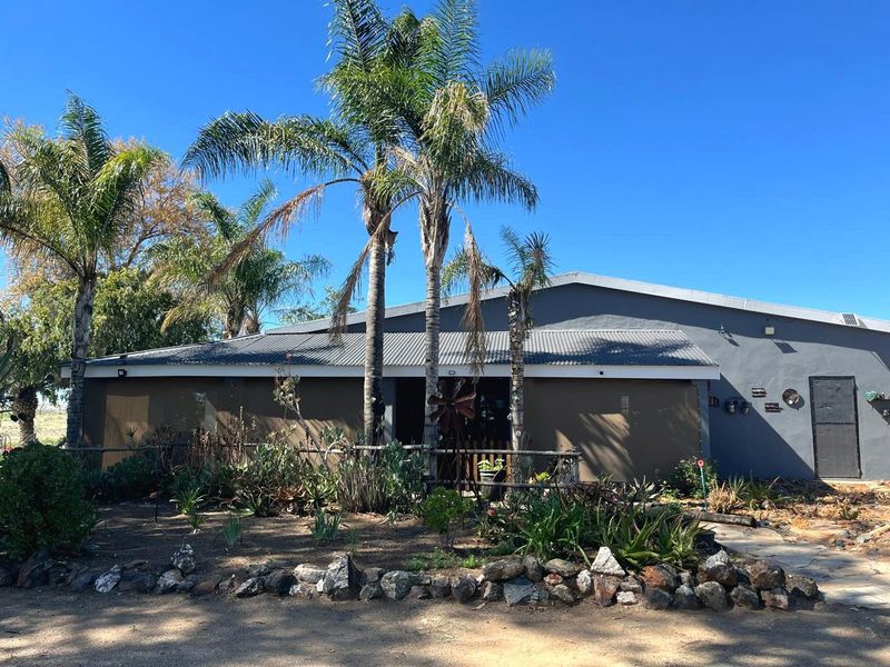 Front elevation of a single-story house featuring a corrugated metal roof, stone landscaping, and outdoor roller blinds.