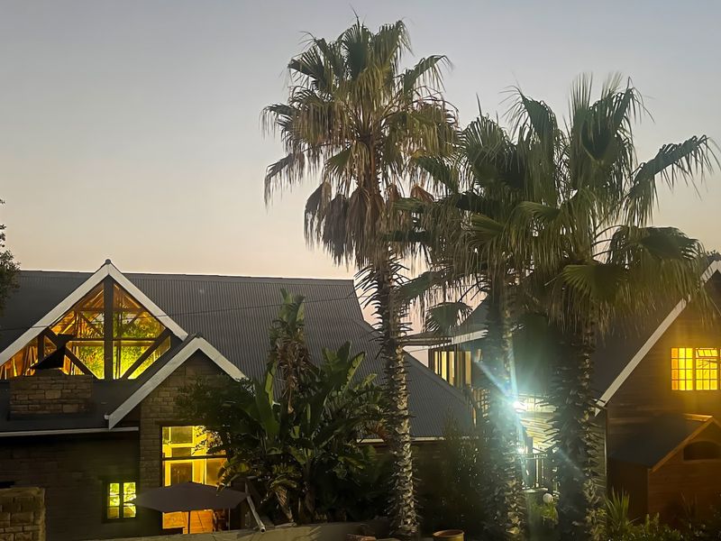 A twilight view of the rear elevation featuring a multi-gabled metal roof, stone facade detailing, and mature landscaping.