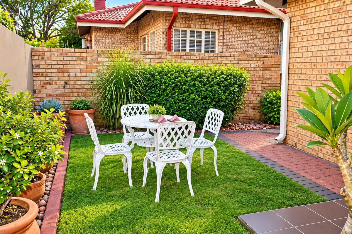 A well-maintained rear garden area featuring a brick boundary wall, neat lawn, and paved pathway, providing a private outdoor space.