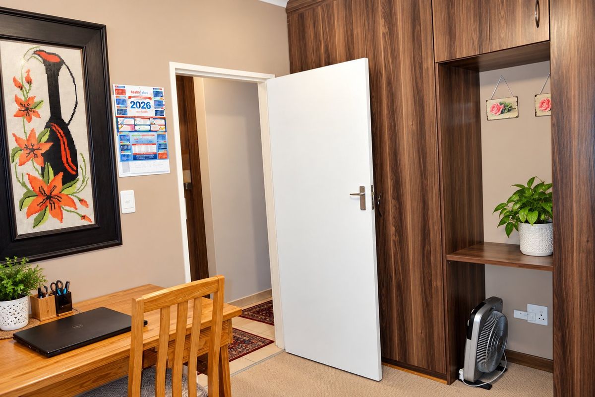 A bedroom featuring built-in wooden cupboards and carpeted flooring, providing functional storage space and a neutral interior finish.
