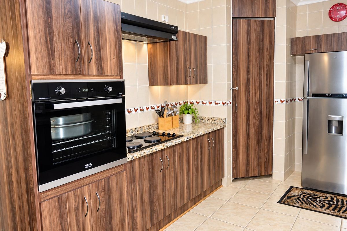 A well-maintained kitchen featuring wood-look laminate cabinetry, granite countertops, a built-in oven, electric hob, and a tiled backsplash with decorative accents.