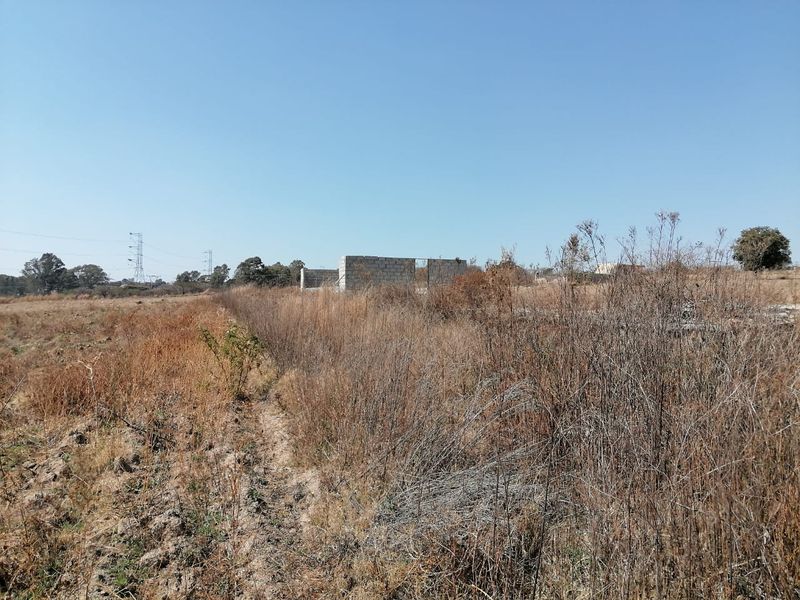 A view of an undeveloped farm plot featuring an incomplete concrete block structure amidst dry, overgrown vegetation.