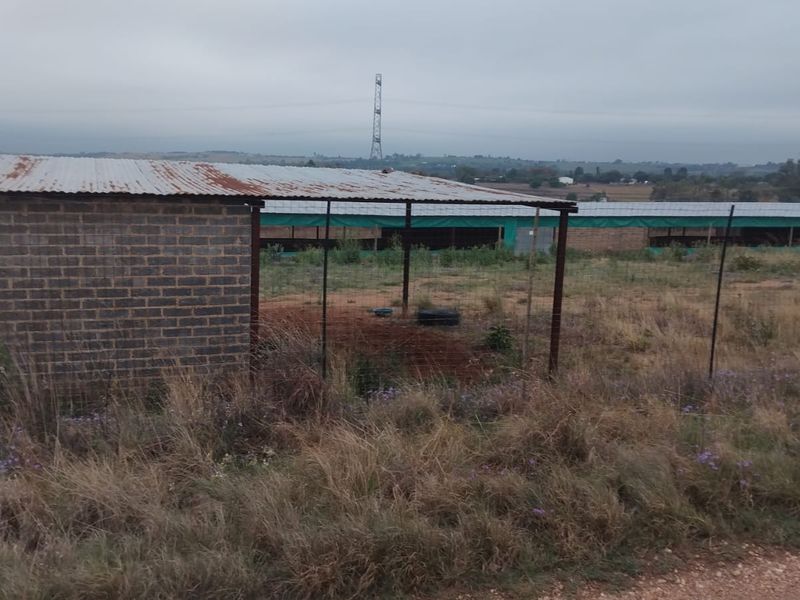 Exterior view of farm outbuildings featuring brick construction and corrugated metal roofing, set within a rural landscape.
