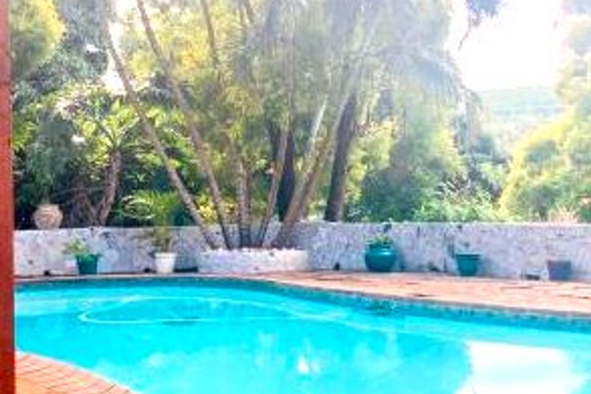 A private swimming pool area featuring a paved deck and a stone retaining wall surrounded by established garden greenery.
