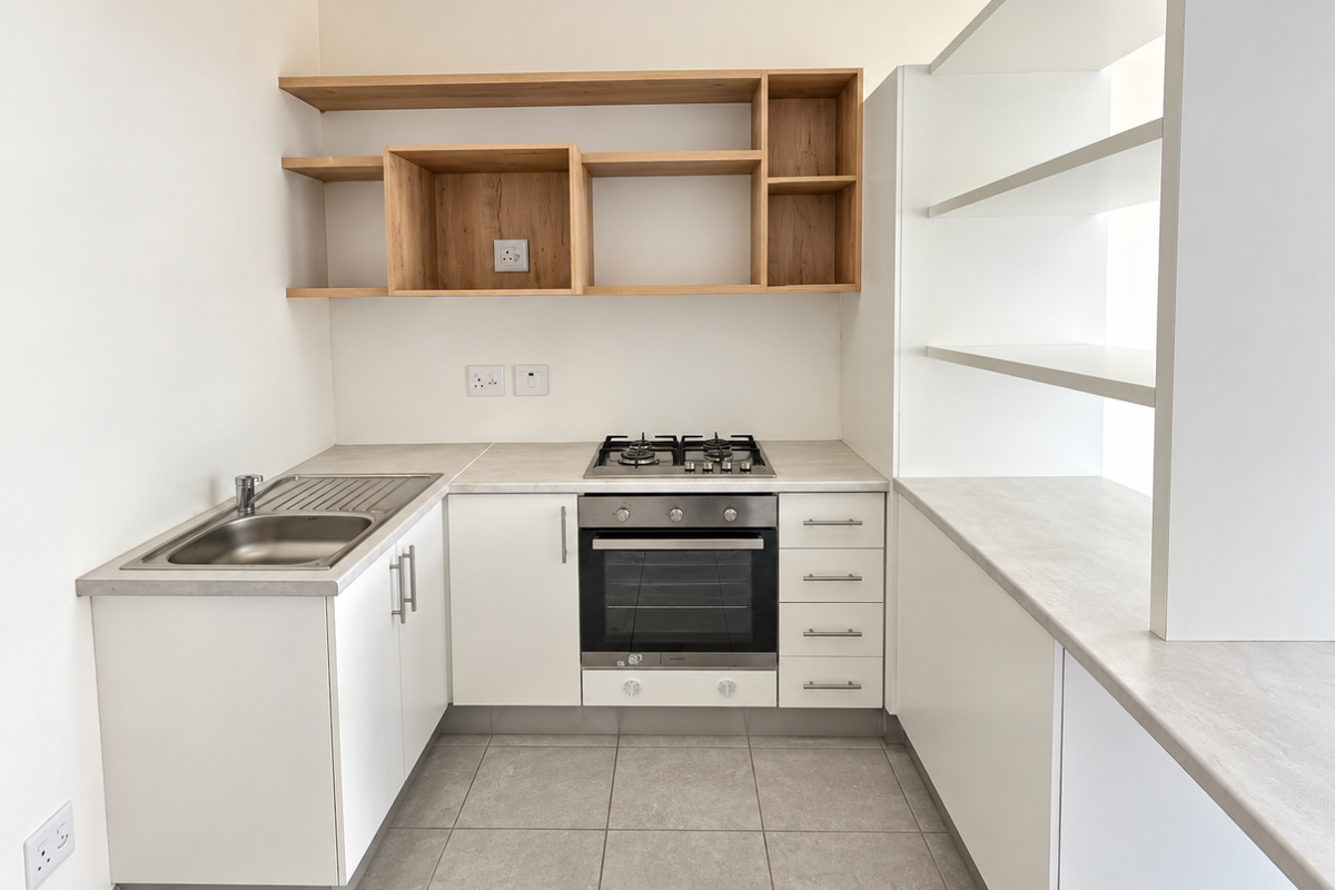 A clean, modern kitchen featuring white cabinetry, light wood open shelving, a built-in oven with gas hob, and neutral tiled flooring.