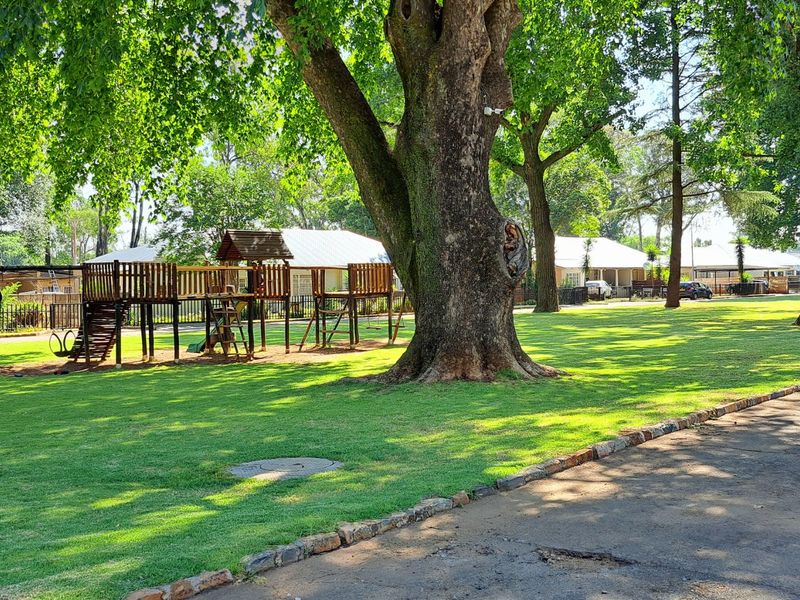 A well-maintained communal garden area featuring mature trees, expansive green lawns, and a children's play structure within a residential townhouse complex.