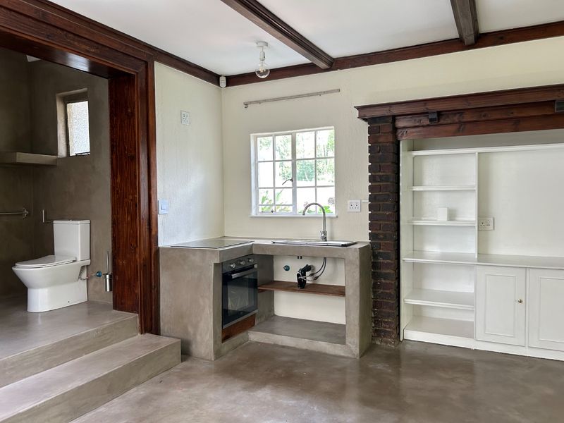 Open-plan living area featuring a concrete kitchen kitchenette, built-in shelving, exposed timber beams, and an adjacent raised bathroom area with a toilet.