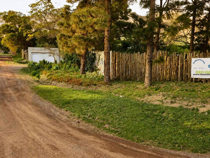 A rural dirt road approach to the property, featuring mature pine trees, a wooden pole fence, and a concrete boundary wall.