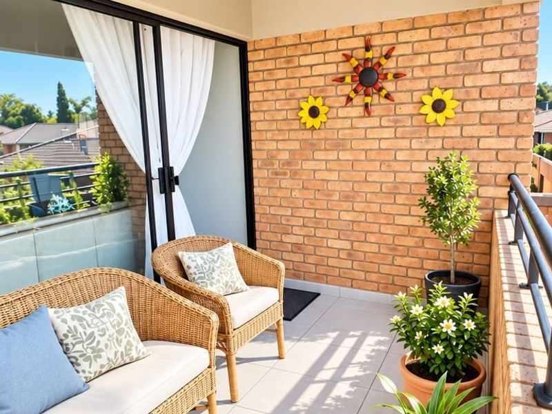 A well-maintained balcony featuring tiled flooring, an exposed brick feature wall, and a metal balustrade, accessible via large sliding glass doors.