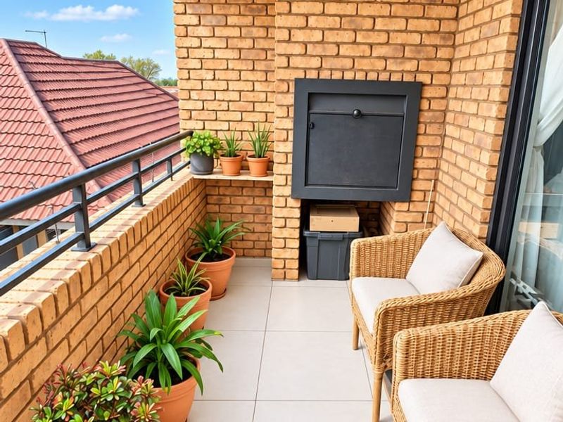 A well-maintained balcony featuring a built-in braai, exposed brick walls, and modern tiled flooring, offering a pleasant outdoor space.