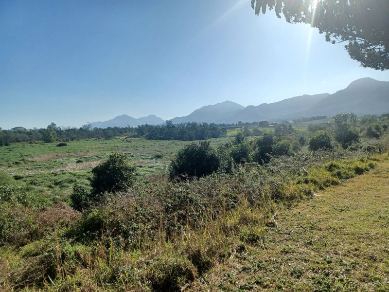 A scenic view of open residential land featuring expansive green fields and a distant mountain range under a clear sky.
