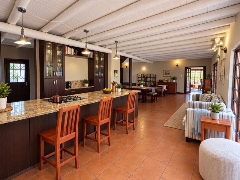 Spacious open-plan living and kitchen area featuring exposed timber beam ceilings, granite island with gas cooktop, and terracotta tiled flooring throughout.