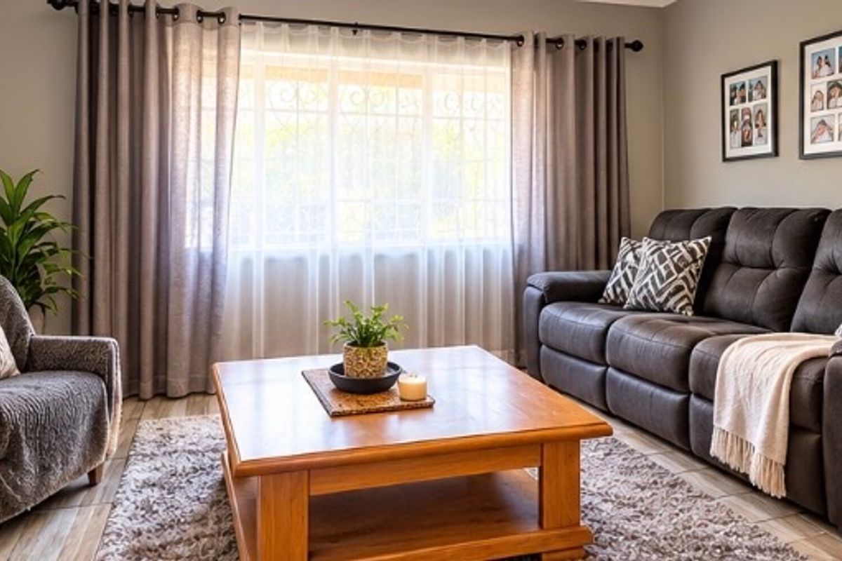 A comfortable living room featuring tiled flooring and a large window with security bars, providing natural light and a secure environment.