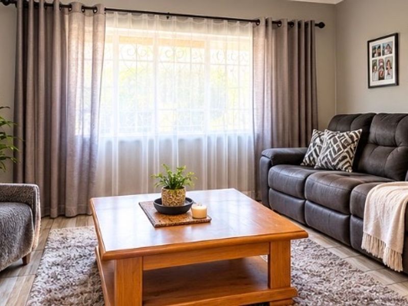 A comfortable living room featuring tiled flooring and a large window with security bars, providing natural light and a secure environment.