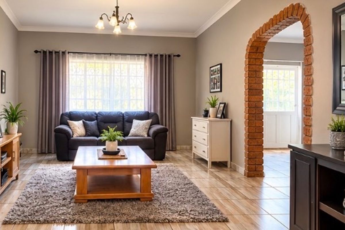 A well-maintained living room featuring tiled flooring, a distinctive brick archway leading to the entrance, and neutral wall tones.