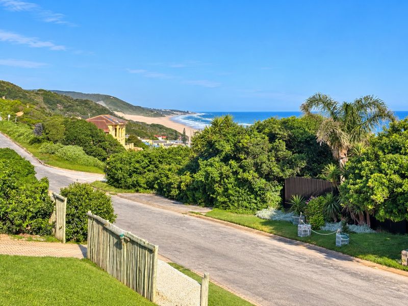 A scenic elevated view overlooking the coastal landscape, featuring a paved road, lush greenery, and a clear view of the ocean and beach.
