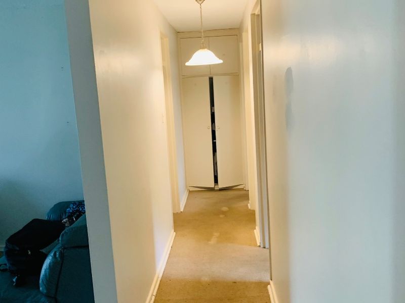 A functional hallway featuring built-in storage cupboards, a pendant light fixture, and carpeted flooring, providing access to other areas of the apartment.
