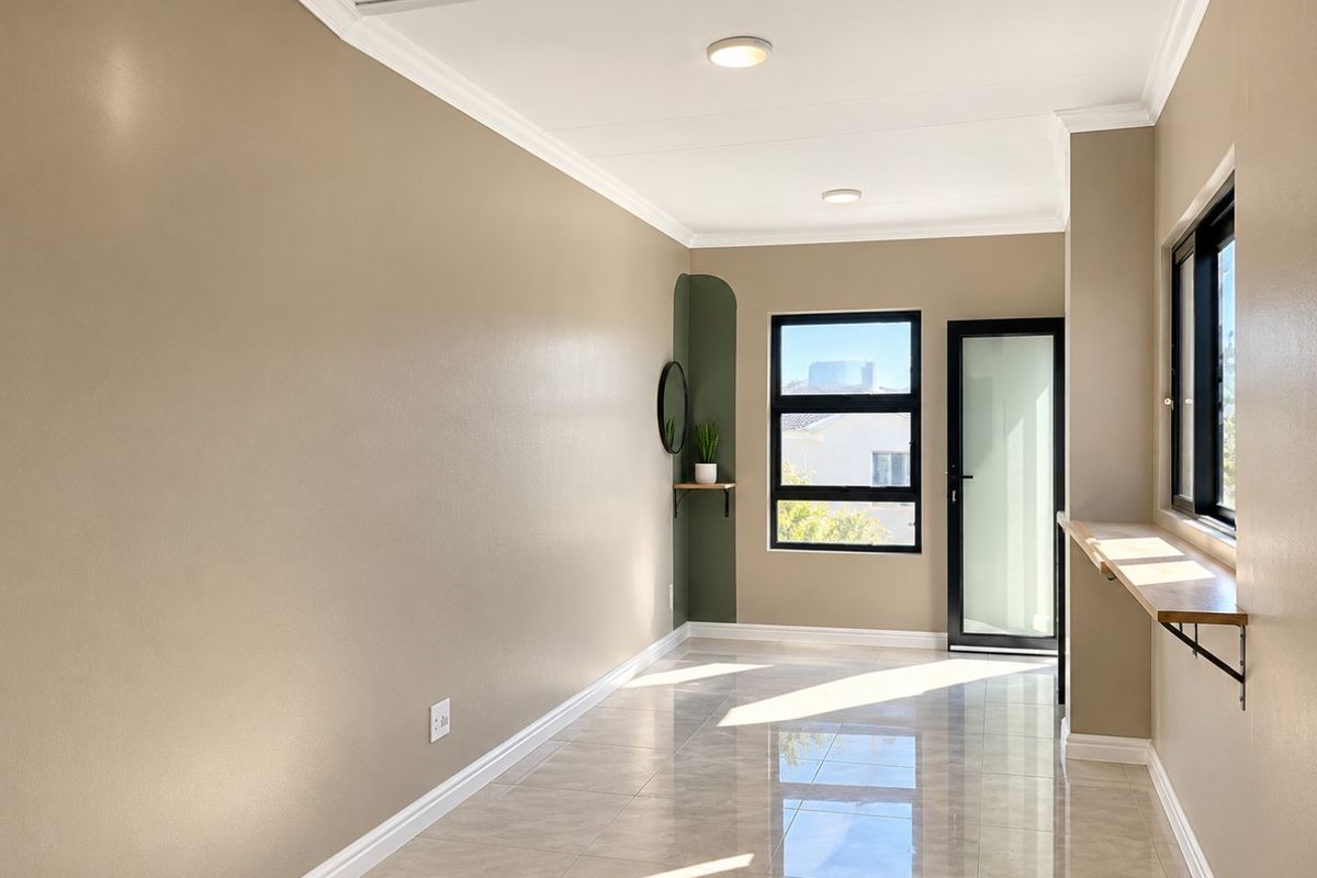 A bright, modern, and empty living area featuring neutral-toned walls, polished tiled flooring, and black aluminium window and door frames.