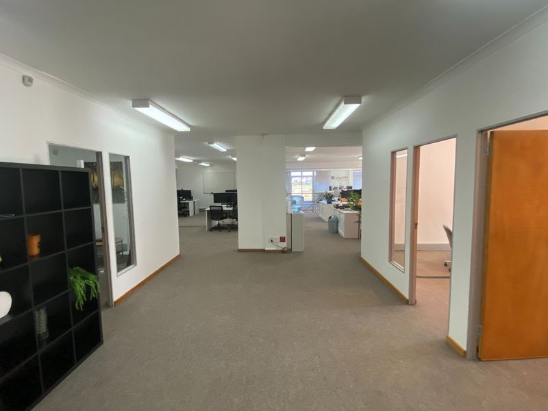 A commercial office space featuring carpeted flooring, fluorescent lighting, and glass-partitioned offices, providing a functional layout for a professional work environment.