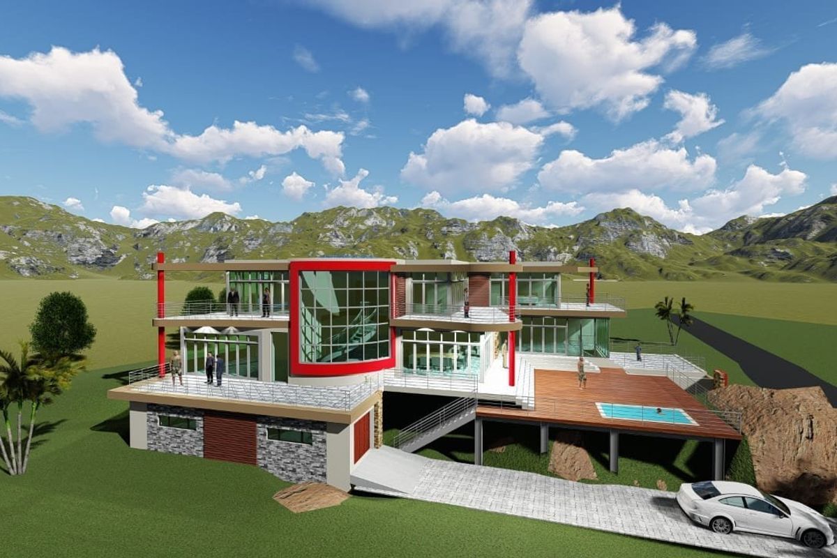 A 3D architectural rendering of a modern multi-level residence featuring extensive glass facades, expansive timber decking, and an integrated swimming pool.