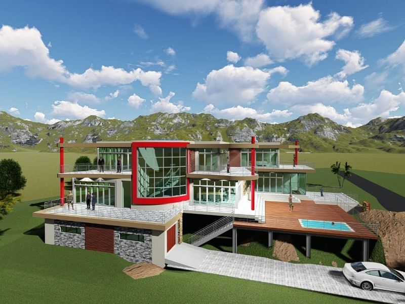 A 3D architectural rendering of a modern multi-level residence featuring extensive glass facades, expansive timber decking, and an integrated swimming pool.