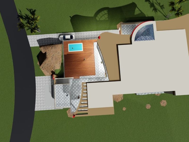 An aerial 3D architectural rendering of a residential property featuring a swimming pool, wooden decking, and paved driveway areas.