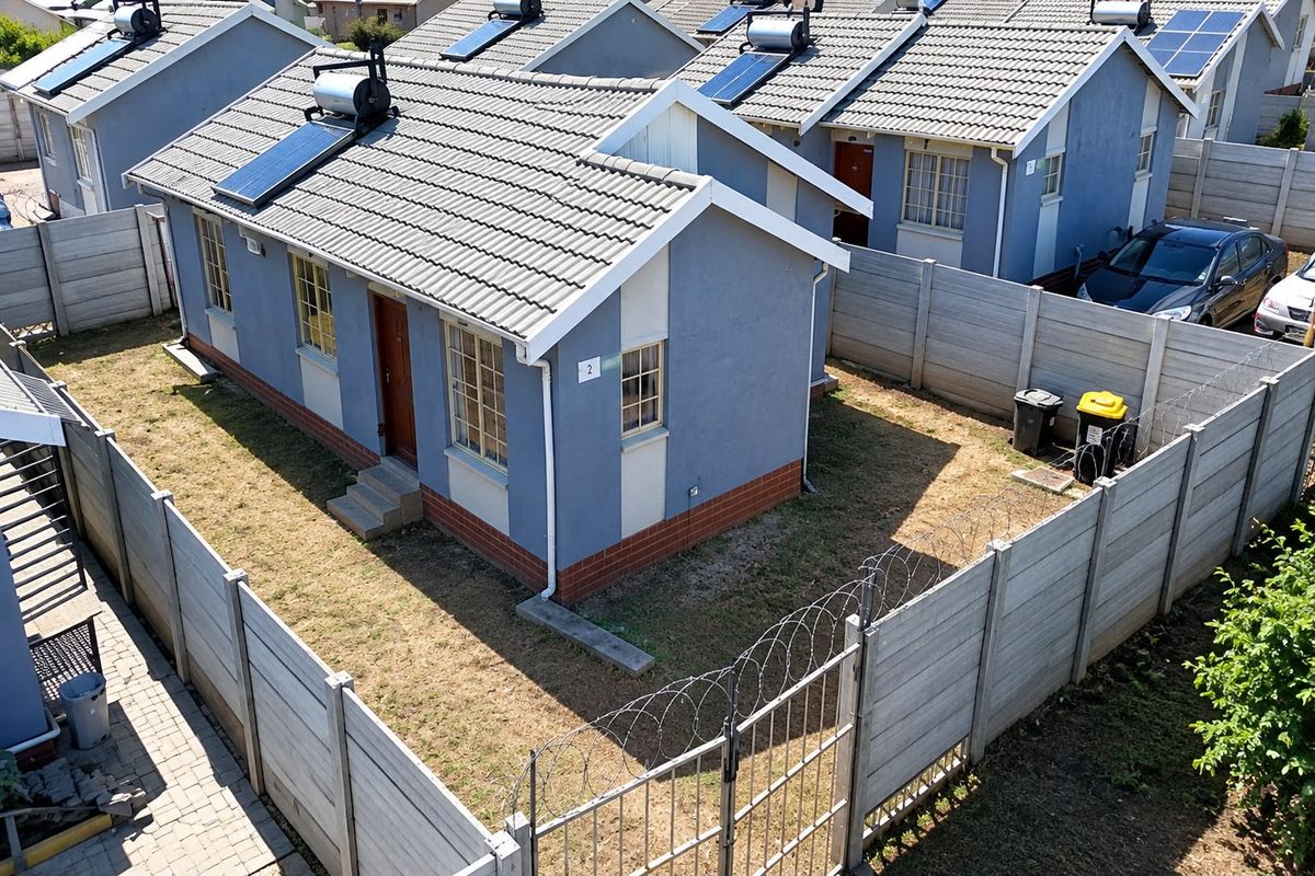 Aerial view of a residential property featuring a tiled roof with solar water heating, enclosed by precast concrete walls with security razor wire.