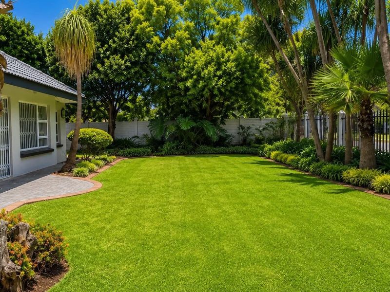 A beautifully maintained garden featuring a lush green lawn, mature palm trees, and a paved patio area enclosed by secure perimeter fencing.