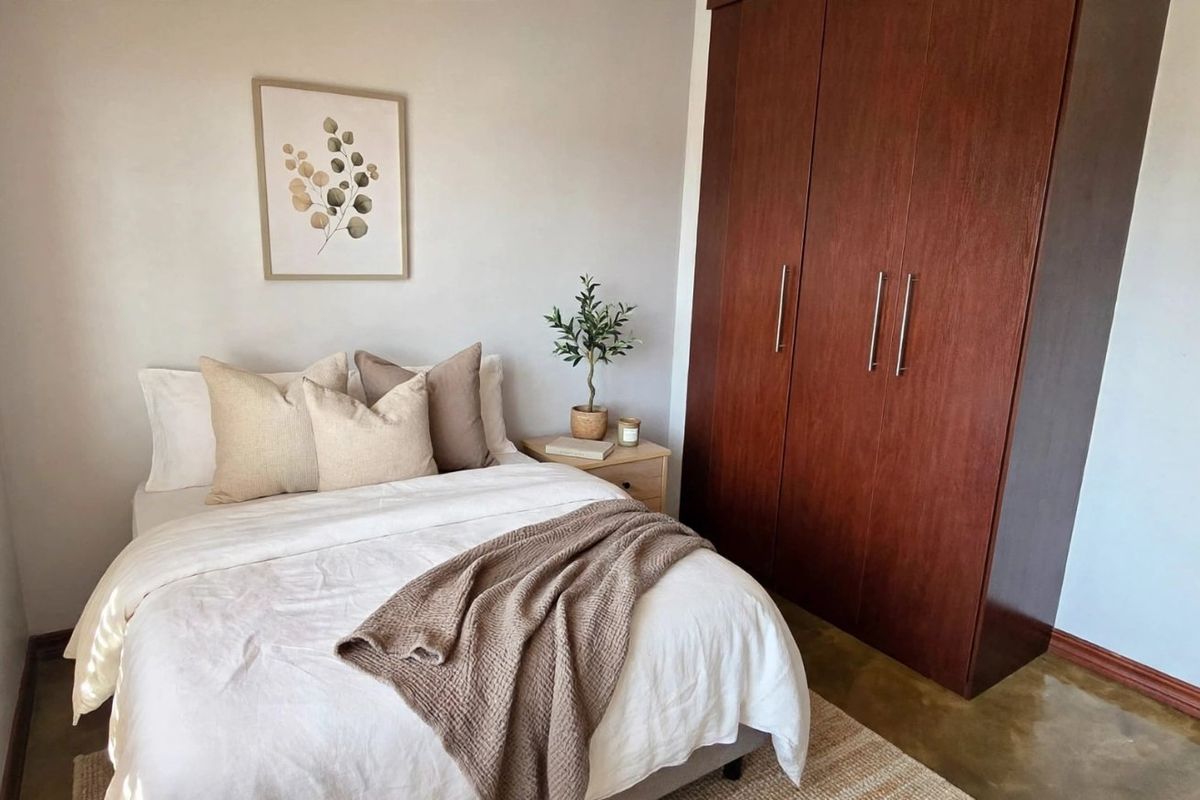 A well-maintained bedroom featuring a large built-in wardrobe, polished concrete flooring, and venetian blinds, offering a clean and functional living space.