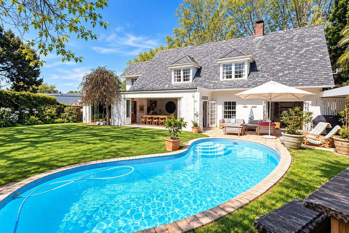 A beautifully maintained rear exterior featuring a swimming pool, paved patio area, and a classic home with a slate roof and dormer windows.