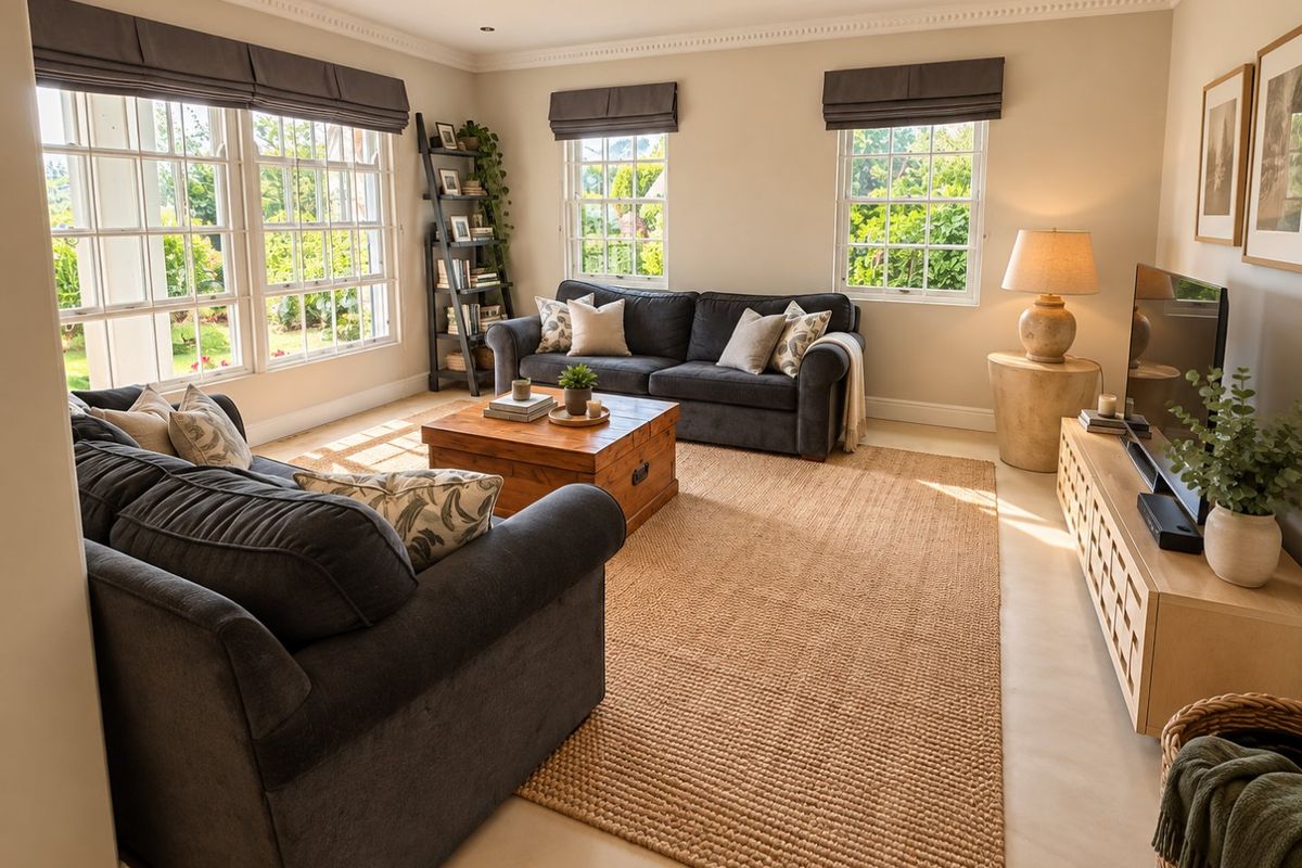 A bright and well-maintained living room featuring decorative crown molding, recessed lighting, and large multi-pane windows that provide ample natural light.