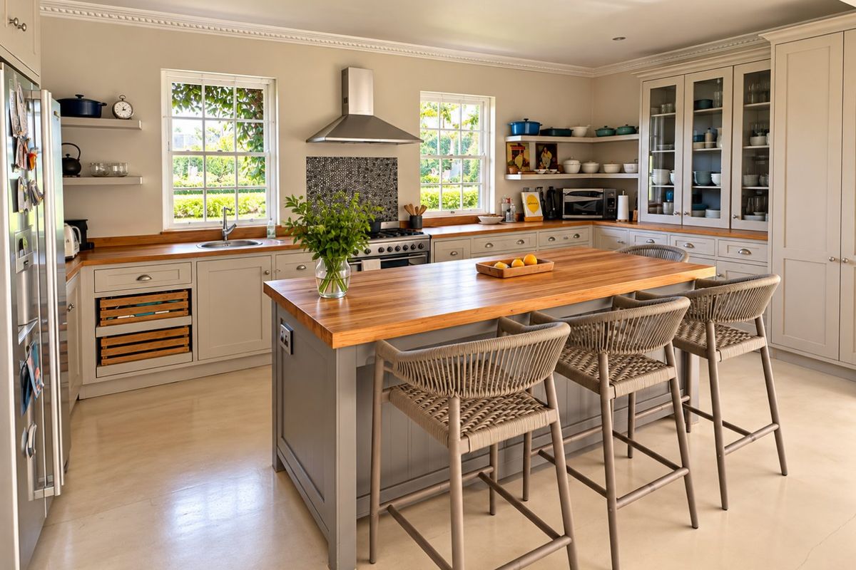 A well-appointed kitchen featuring a central island with a butcher block countertop, custom cabinetry, stainless steel appliances, and ample natural light.