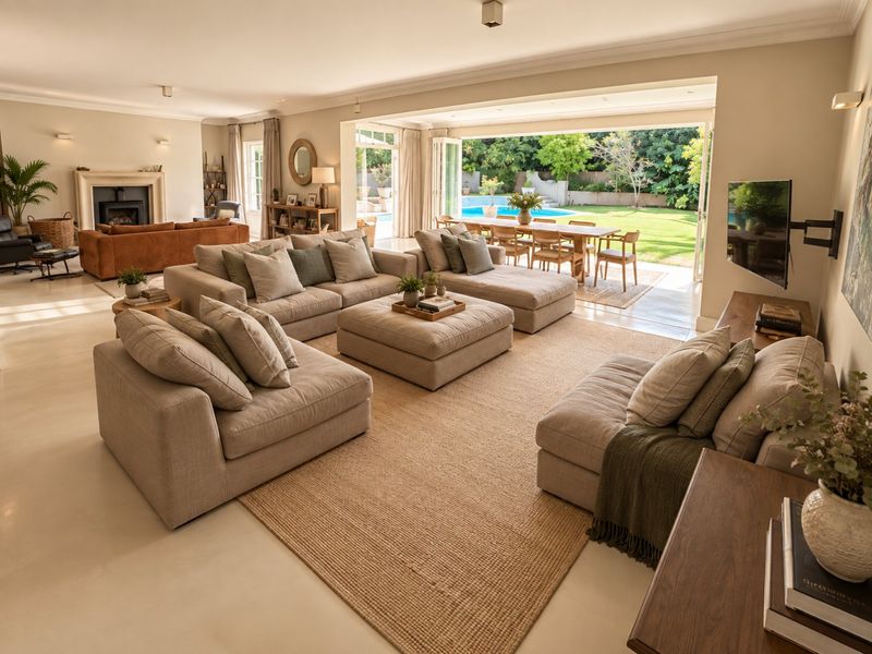 Spacious open-plan living area featuring polished concrete floors, a fireplace, and large bi-fold doors opening onto a patio and pool area.