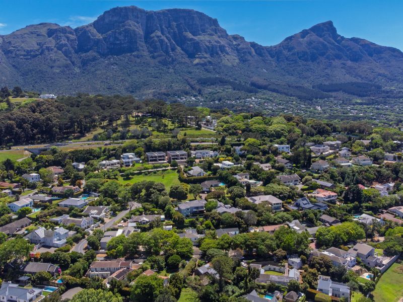 An expansive aerial view of a lush, green residential neighborhood nestled at the base of a prominent mountain range.