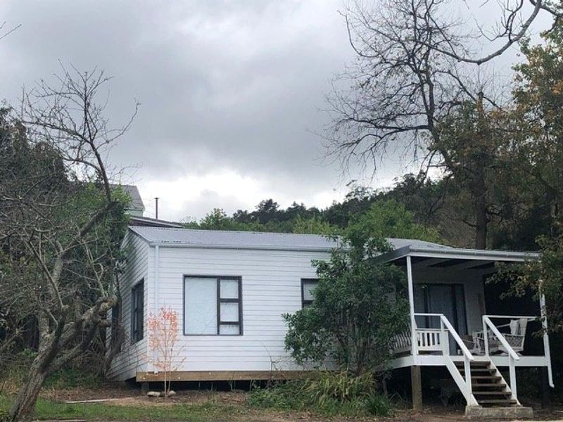 Rear view of a single-story house featuring white weatherboard cladding, a corrugated metal roof, and a raised timber deck with a covered patio area.