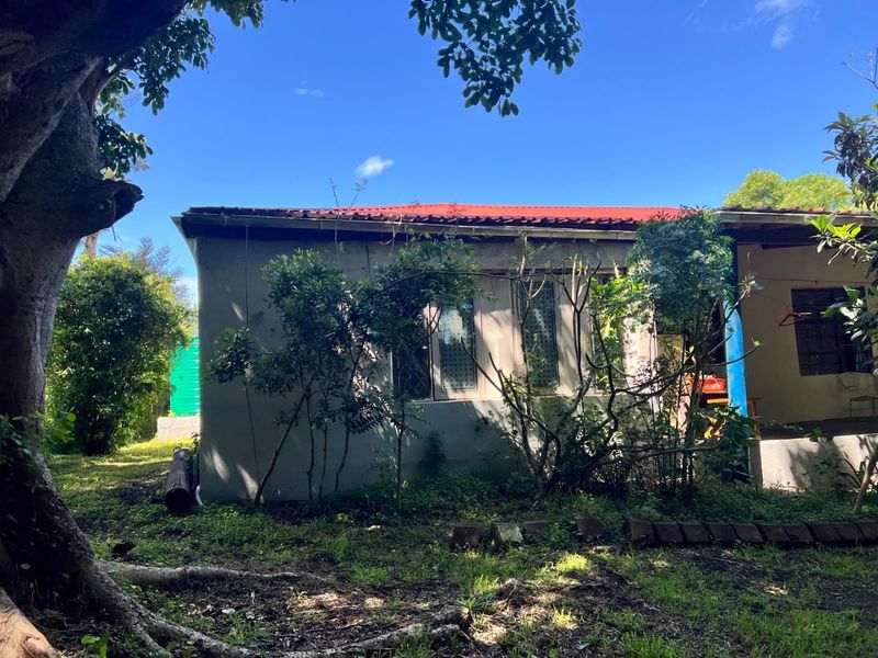 Rear view of the farm dwelling featuring a metal roof, security-barred windows, and surrounding garden area.
