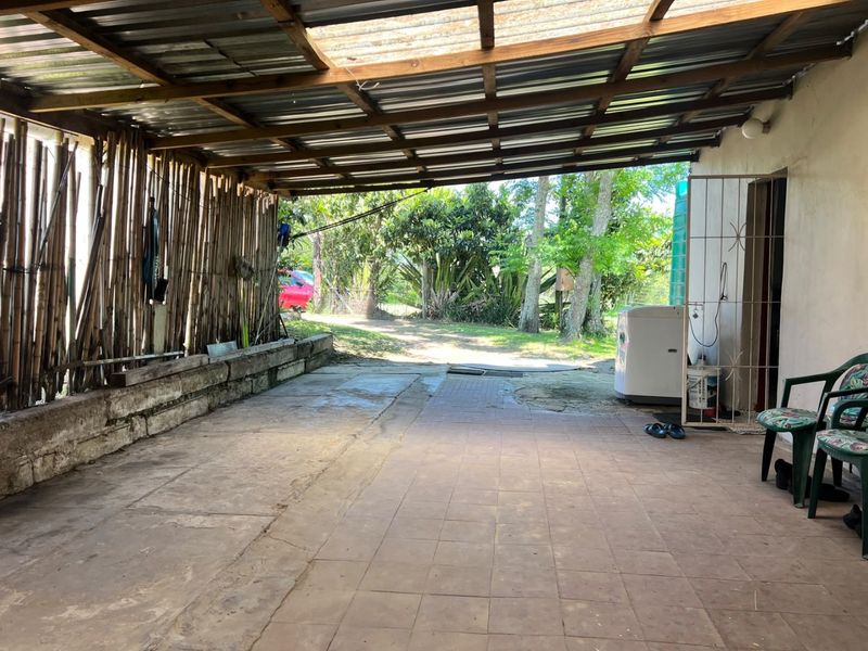 A covered outdoor patio area featuring a corrugated metal roof, timber framing, and tiled flooring, overlooking the garden.