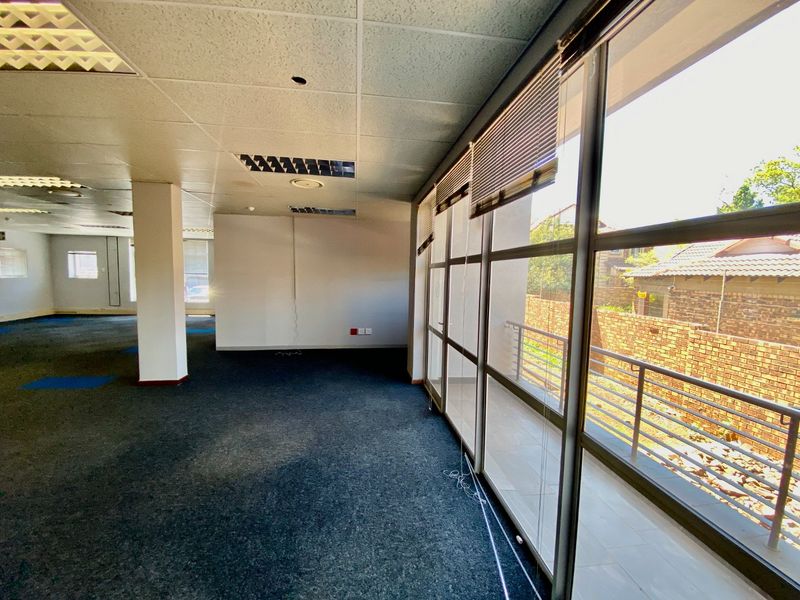 Spacious open-plan office area featuring large windows, suspended ceilings with recessed lighting, and carpeted flooring, offering a bright and versatile workspace.