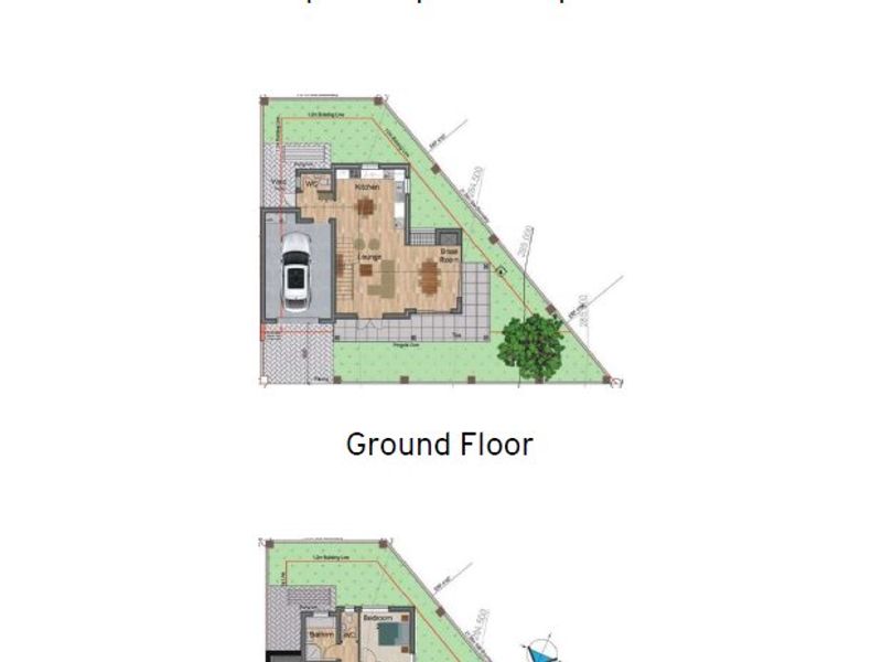 Architectural floor plan for a 134.5 square meter, two-bedroom, 1.5-bathroom duplex house.