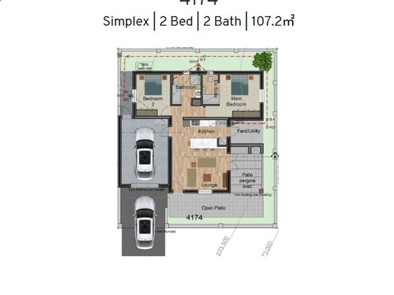 A detailed floor plan for a 107.2 square meter simplex house featuring two bedrooms, two bathrooms, an open-plan living area, and a double garage.