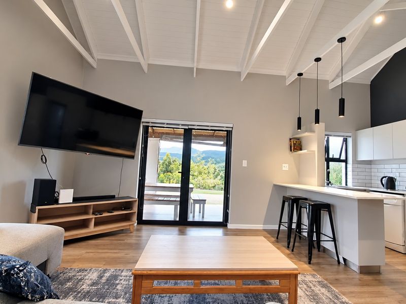 Modern open-plan living area featuring a vaulted ceiling with exposed rafters, a sleek kitchen with island seating, and seamless access to an outdoor patio.