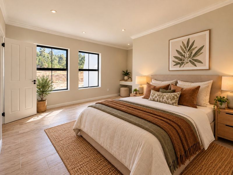 A well-maintained bedroom featuring tiled flooring, recessed downlights, crown molding, and black-framed windows with natural light.