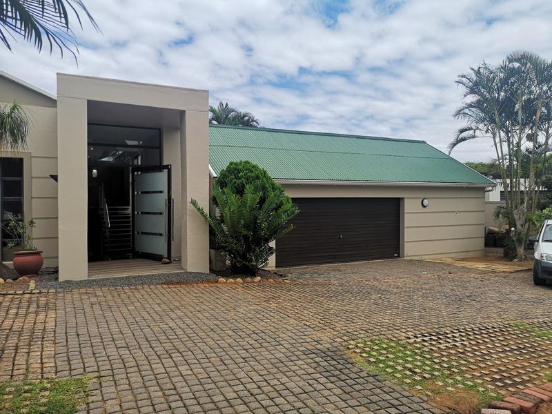 Modern front elevation featuring a paved driveway, double garage with dark door, and a striking entrance portico with a glass panel door.