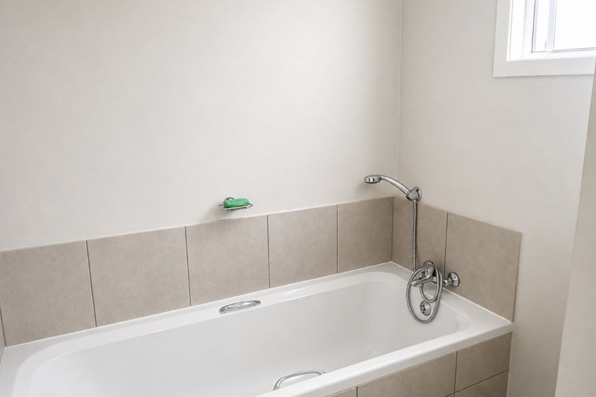 A clean and functional bathroom featuring a built-in bathtub with chrome fixtures and neutral-toned wall tiling.