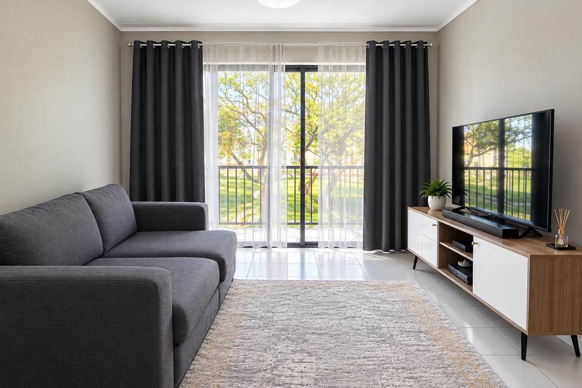 A bright and well-maintained living room featuring tiled flooring, a modern ceiling light, and large sliding glass doors leading to a balcony.