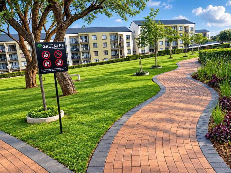 Well-maintained communal garden area featuring a winding paved walkway, manicured lawns, and mature trees within a modern apartment complex.