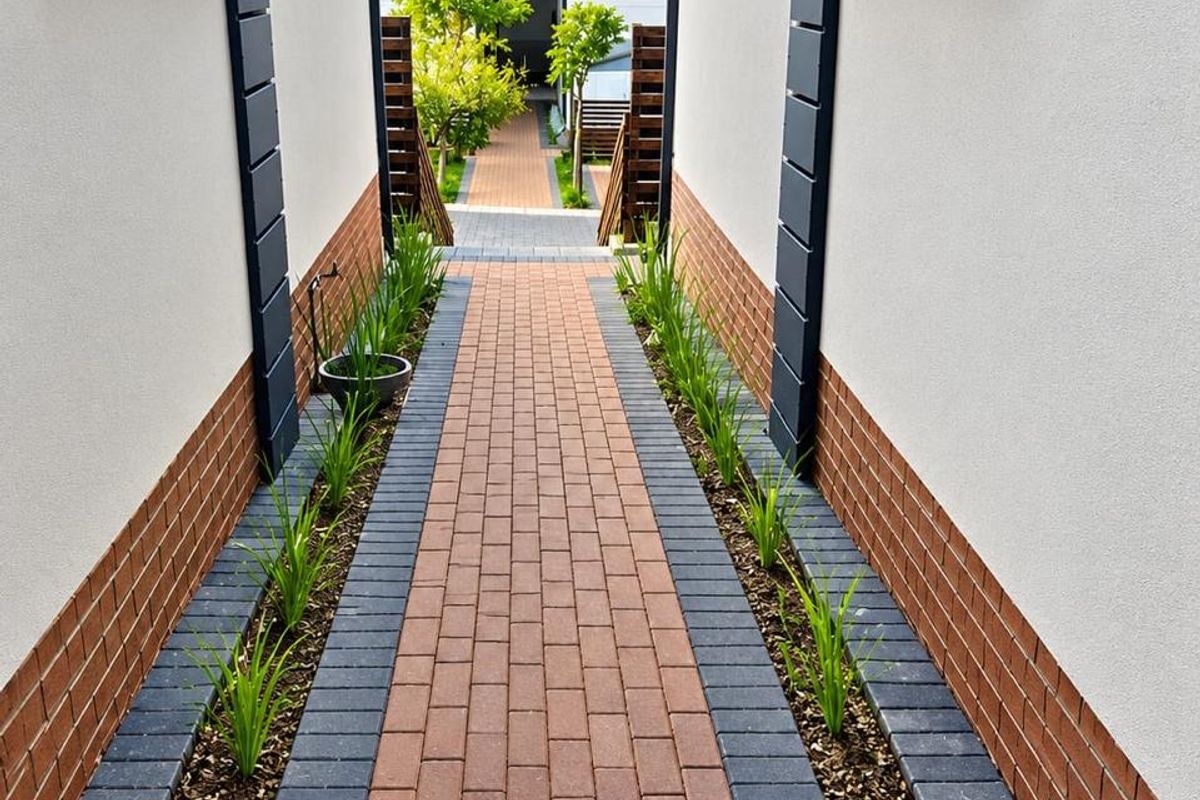 A well-maintained paved walkway between two apartment building sections, featuring neat brickwork, modern windows, and landscaped garden borders.